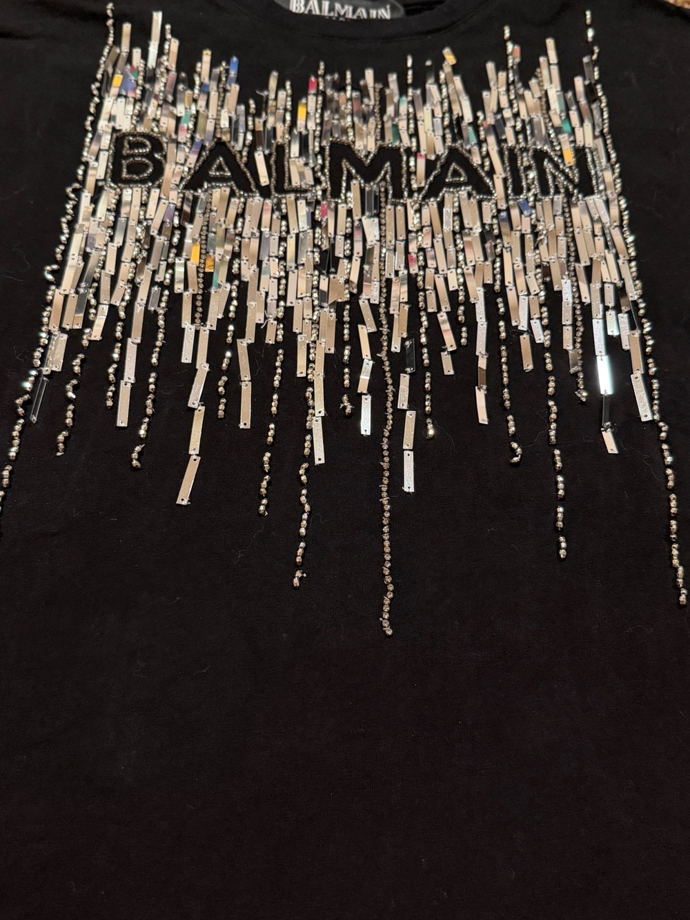 Balmain Black Tee with Silver Sequin Cascades size L - Picture 5 of 7
